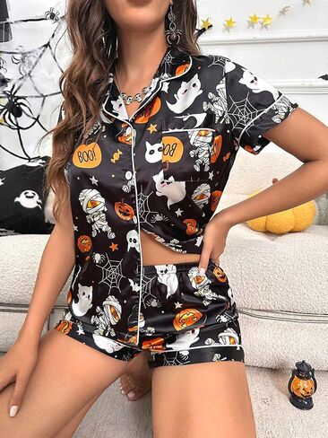 Women's Lounge Sets Ghost Pumpkin Graphic Short Pajamas Set Halloween Loungewear Two-Piece Holiday Outfits in Saudi Arabia