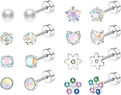 QINHE 8 Pairs 16PCS Stainless Steel Body Jewelry Set - 0.8mm Thickness, 6mm Balls, Pearl/CZ Heart/Star/Flower Designs, Hypoallergenic Ear/Nose/Belly Rings, PE Display Case Gift Ready in Saudi Arabia