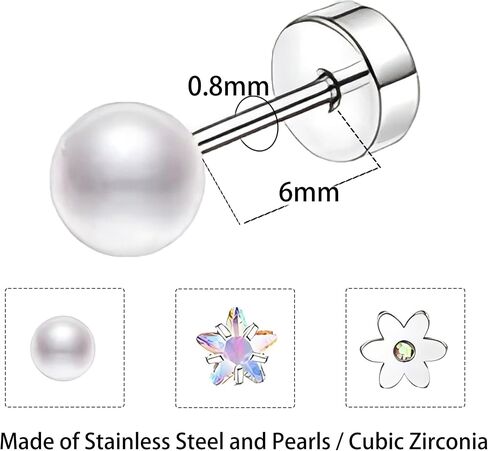 QINHE 8 Pairs 16PCS Stainless Steel Body Jewelry Set - 0.8mm Thickness, 6mm Balls, Pearl/CZ Heart/Star/Flower Designs, Hypoallergenic Ear/Nose/Belly Rings, PE Display Case Gift Ready in Saudi Arabia