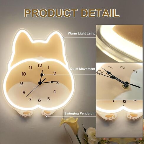 Lighted Corgi - Shaped Wall Clock, Silent Corgi Butt Swaying Tail Warm Light Night Clock For Pet Lovers Gift, Living Room, Kids oom, Nursery, Home in Saudi Arabia