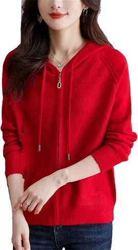 Women Spring Autumn Knitted Sweater Cardigan Coat Long Sleeves Zipper Hooded Short Jacket Tops in Saudi Arabia