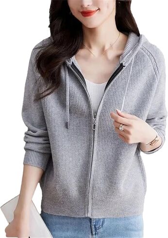 Women Spring Autumn Knitted Sweater Cardigan Coat Long Sleeves Zipper Hooded Short Jacket Tops in Saudi Arabia