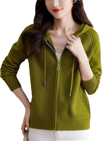 Women Spring Autumn Knitted Sweater Cardigan Coat Long Sleeves Zipper Hooded Short Jacket Tops in Saudi Arabia