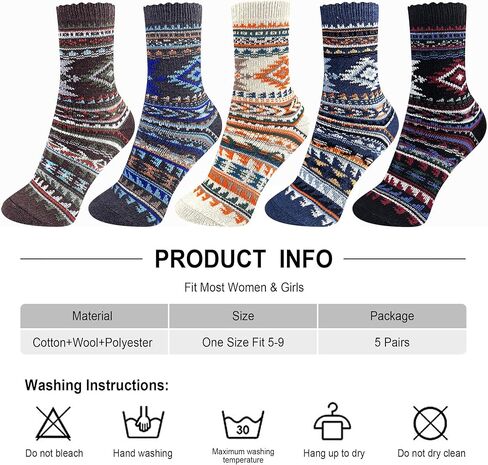 Womens Socks 5 Pair Wool Warm Cotton Thick Vintage Casual Winter Cabin Crew Fuzzy Socks Ideal Gifts in Saudi Arabia