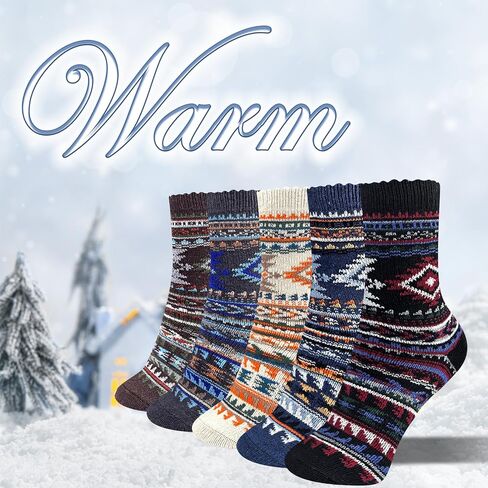 Womens Socks 5 Pair Wool Warm Cotton Thick Vintage Casual Winter Cabin Crew Fuzzy Socks Ideal Gifts in Saudi Arabia