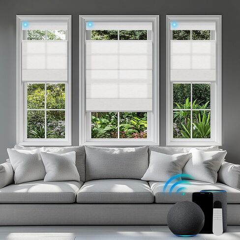 BERISSA Motorized Blinds with Remote,Top Down Bottom up Roman Shades,Smart Roman Shades for Windows,Electric Blinds,Alexa,Google Home- Voice and App Control,Custom Size,Light Filtering Linen White in Saudi Arabia