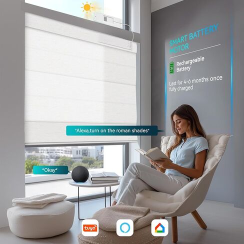 BERISSA Motorized Blinds with Remote,Top Down Bottom up Roman Shades,Smart Roman Shades for Windows,Electric Blinds,Alexa,Google Home- Voice and App Control,Custom Size,Light Filtering Linen White in Saudi Arabia