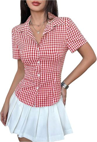SweatyRocks Women's Gingham Button Up Shirts Y2K Short Sleeve Lapel V Neck Dressy Casual Blouse in Saudi Arabia
