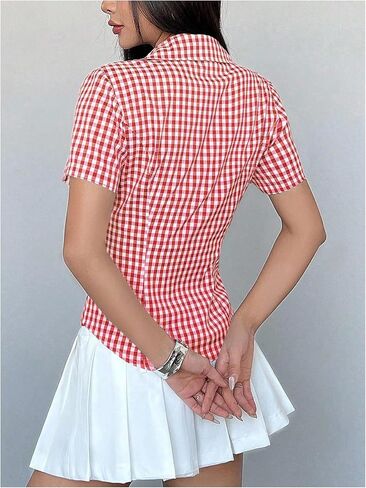 SweatyRocks Women's Gingham Button Up Shirts Y2K Short Sleeve Lapel V Neck Dressy Casual Blouse in Saudi Arabia