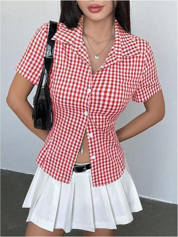 SweatyRocks Women's Gingham Button Up Shirts Y2K Short Sleeve Lapel V Neck Dressy Casual Blouse in Saudi Arabia