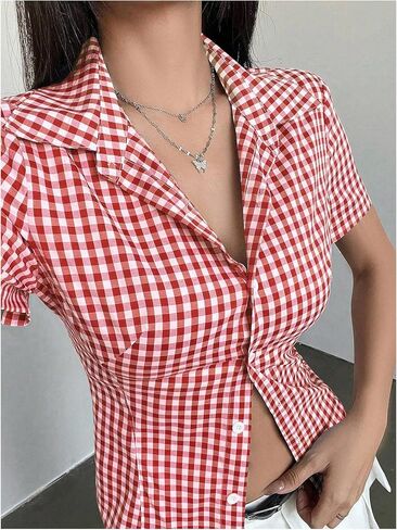 SweatyRocks Women's Gingham Button Up Shirts Y2K Short Sleeve Lapel V Neck Dressy Casual Blouse in Saudi Arabia