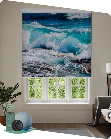Yoolax Motorized Roller Shades with Remote, Personalized Image Printed Smart Blinds Work with Alexa, Automatic Shades for Windows Bedroom Office, Custom Size and Picture (Nature Sea 2) in Saudi Arabia