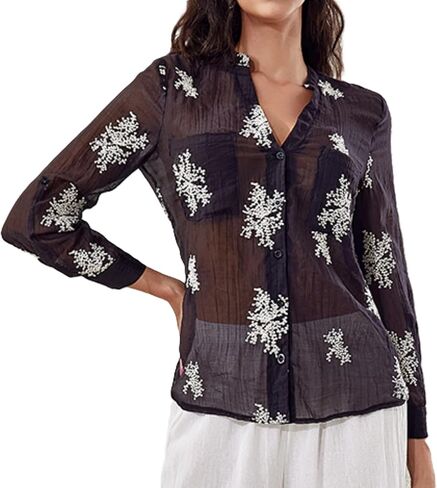 Women's Long Sleeve Sheer Floral Embroidered See Through Button Down Blouse Lightweight Boho V Neck Shirts in Kuwait