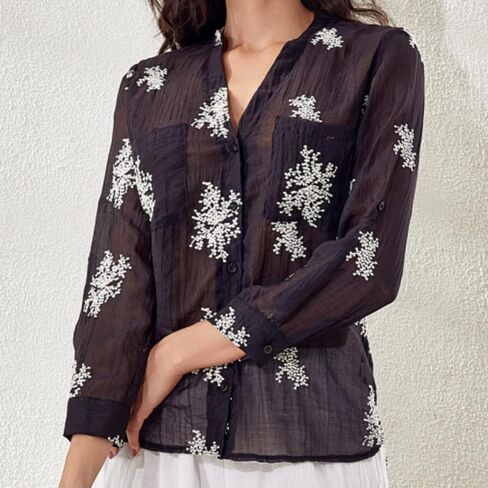 Women's Long Sleeve Sheer Floral Embroidered See Through Button Down Blouse Lightweight Boho V Neck Shirts in Kuwait