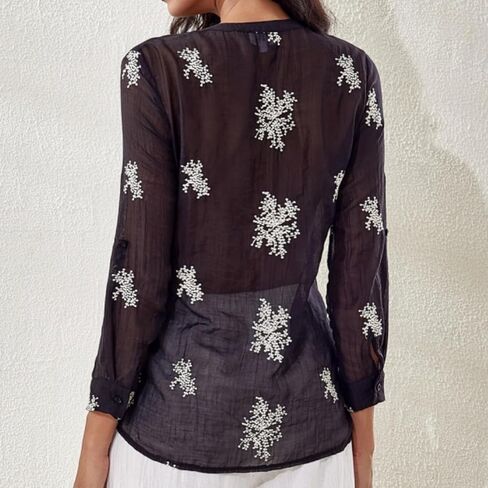 Women's Long Sleeve Sheer Floral Embroidered See Through Button Down Blouse Lightweight Boho V Neck Shirts in Kuwait