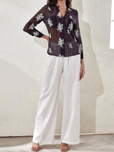 Women's Long Sleeve Sheer Floral Embroidered See Through Button Down Blouse Lightweight Boho V Neck Shirts in Kuwait