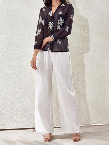 Women's Long Sleeve Sheer Floral Embroidered See Through Button Down Blouse Lightweight Boho V Neck Shirts in Kuwait