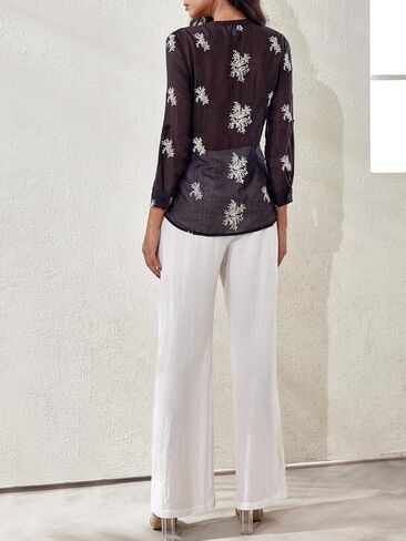 Women's Long Sleeve Sheer Floral Embroidered See Through Button Down Blouse Lightweight Boho V Neck Shirts in Kuwait