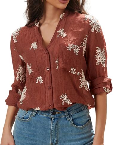 Women's Long Sleeve Sheer Floral Embroidered See Through Button Down Blouse Lightweight Boho V Neck Shirts in Kuwait