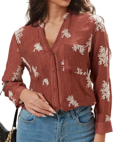 Women's Long Sleeve Sheer Floral Embroidered See Through Button Down Blouse Lightweight Boho V Neck Shirts in Kuwait