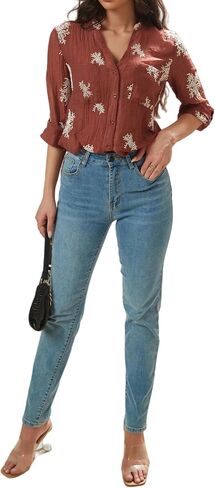 Women's Long Sleeve Sheer Floral Embroidered See Through Button Down Blouse Lightweight Boho V Neck Shirts in Kuwait