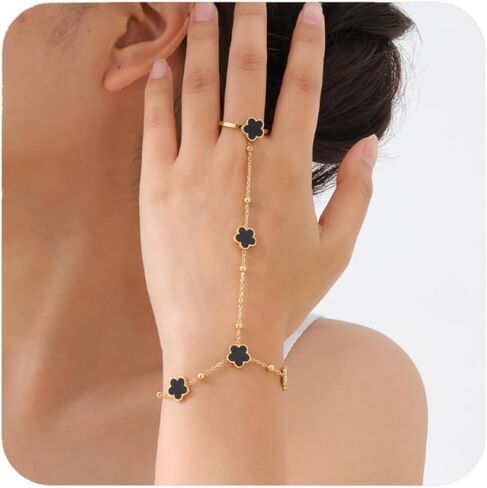 Hand Chain Bracelet Ring Bracelet Four Leaf Clover Stainless Steel Gold-Tone Bracelets for Women Ring Chain Gifts for Women Trendy Stuff in Kuwait