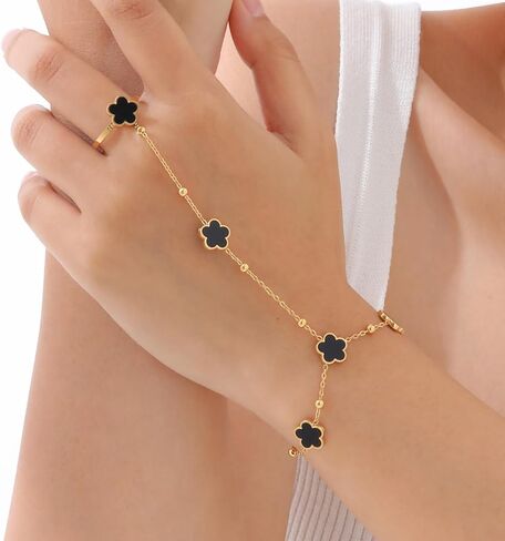Hand Chain Bracelet Ring Bracelet Four Leaf Clover Stainless Steel Gold-Tone Bracelets for Women Ring Chain Gifts for Women Trendy Stuff in Kuwait