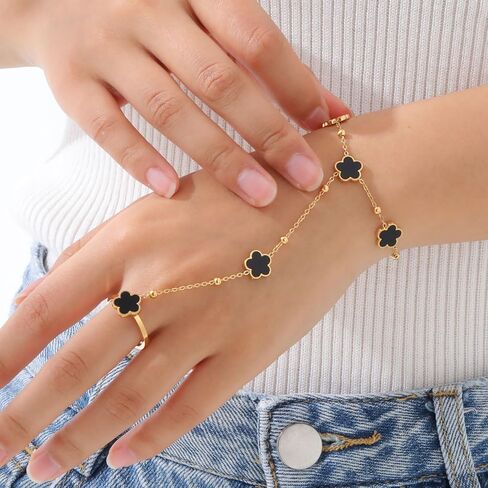 Hand Chain Bracelet Ring Bracelet Four Leaf Clover Stainless Steel Gold-Tone Bracelets for Women Ring Chain Gifts for Women Trendy Stuff in Kuwait