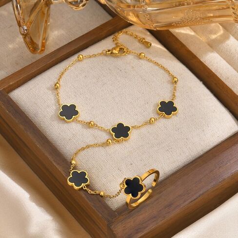 Hand Chain Bracelet Ring Bracelet Four Leaf Clover Stainless Steel Gold-Tone Bracelets for Women Ring Chain Gifts for Women Trendy Stuff in Kuwait