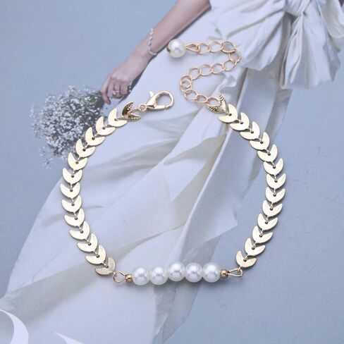 Boho Pearl Wheat Hand Bracelet Gold Pearl Hand Harness Chain Bracelet Vintage Leaf Slave Chain Hand Bracelet Pearl Adjustable Slave Chain Bracelet Jewelry for Women in Saudi Arabia