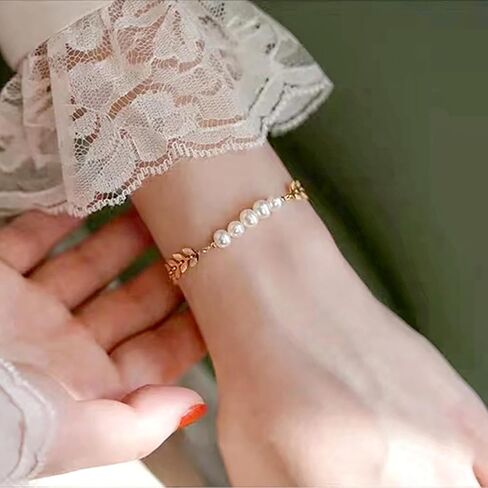Boho Pearl Wheat Hand Bracelet Gold Pearl Hand Harness Chain Bracelet Vintage Leaf Slave Chain Hand Bracelet Pearl Adjustable Slave Chain Bracelet Jewelry for Women in Saudi Arabia