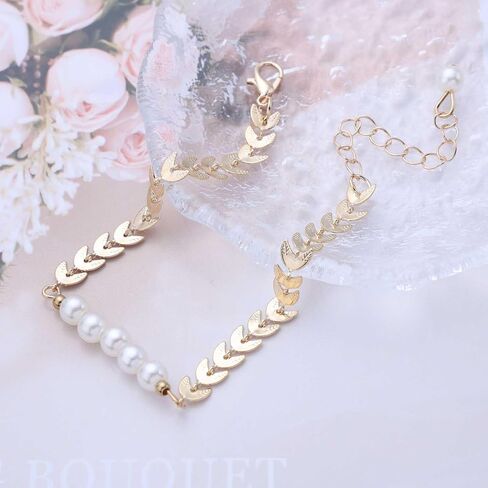 Boho Pearl Wheat Hand Bracelet Gold Pearl Hand Harness Chain Bracelet Vintage Leaf Slave Chain Hand Bracelet Pearl Adjustable Slave Chain Bracelet Jewelry for Women in Saudi Arabia