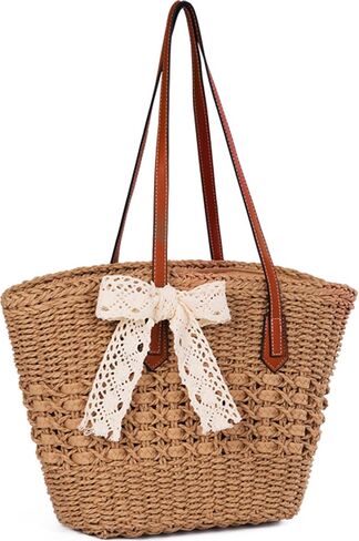 Straw Bag, Straw Tote Bags for Women Summer Shoulder Handbags Woven Beach Bag Rattan Purse Contains Fake Flowers for DIY in Saudi Arabia