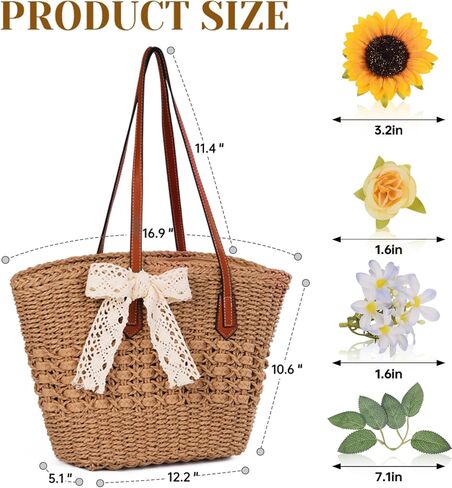 Straw Bag, Straw Tote Bags for Women Summer Shoulder Handbags Woven Beach Bag Rattan Purse Contains Fake Flowers for DIY in Saudi Arabia