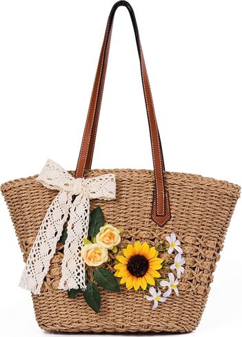 Straw Bag, Straw Tote Bags for Women Summer Shoulder Handbags Woven Beach Bag Rattan Purse Contains Fake Flowers for DIY in Saudi Arabia
