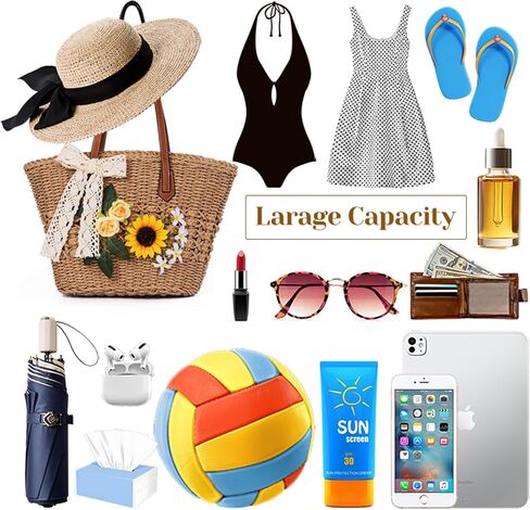 Straw Bag, Straw Tote Bags for Women Summer Shoulder Handbags Woven Beach Bag Rattan Purse Contains Fake Flowers for DIY in Saudi Arabia