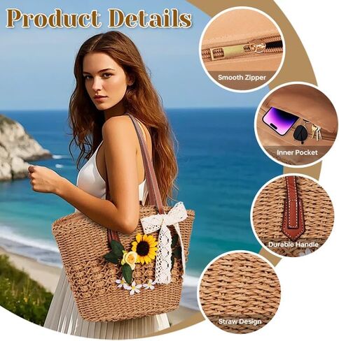 Straw Bag, Straw Tote Bags for Women Summer Shoulder Handbags Woven Beach Bag Rattan Purse Contains Fake Flowers for DIY in Saudi Arabia