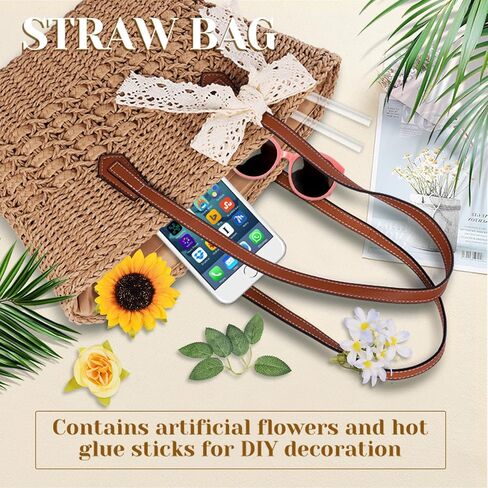 Straw Bag, Straw Tote Bags for Women Summer Shoulder Handbags Woven Beach Bag Rattan Purse Contains Fake Flowers for DIY in Saudi Arabia