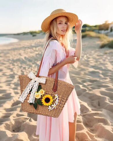 Straw Bag, Straw Tote Bags for Women Summer Shoulder Handbags Woven Beach Bag Rattan Purse Contains Fake Flowers for DIY in Saudi Arabia