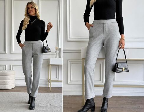 Women's Wool Blend Vintage Tweed Soft Winter Pants Fleece Lined Thermal Pull on Cropped Dress Trouser in Saudi Arabia
