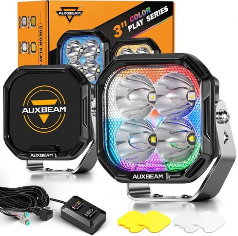 سلسلة Auxbeam Color Play Series 3 بوصة RGB LED أضواء خندق 7 ألوان متدرجة مع أغطية إضاءة واقية سوداء حزمة RGBW تغيير لون الإضاءة المحيطة على الطرق الوعرة بقعة ضوء in Saudi Arabia