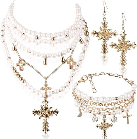 Tondiamo 3 PCS Pearl Cross Netclace Netlace Jewtics Set for Women Goth أقراط سوار سوار ذات طبقة y2k choker accessories (Pearl Classic) in Kuwait