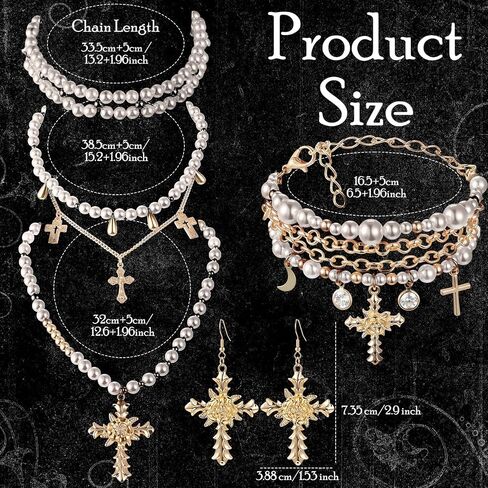 Tondiamo 3 PCS Pearl Cross Netclace Netlace Jewtics Set for Women Goth أقراط سوار سوار ذات طبقة y2k choker accessories (Pearl Classic) in Kuwait
