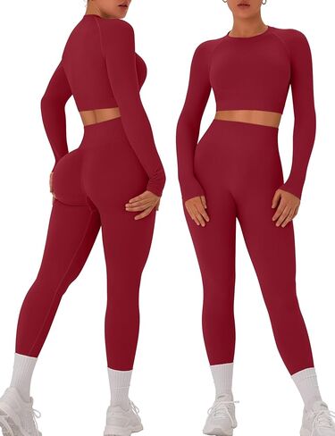 OLCHEE Womens Workout Sets 2 Piece Seamless Long Sleeve Crew Neck Crop Top Shirts Scrunch Butt Leggings Gym Yoga Outfits in Saudi Arabia