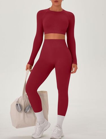 OLCHEE Womens Workout Sets 2 Piece Seamless Long Sleeve Crew Neck Crop Top Shirts Scrunch Butt Leggings Gym Yoga Outfits in Saudi Arabia