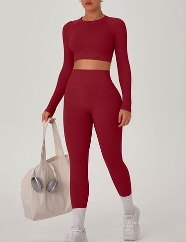 OLCHEE Womens Workout Sets 2 Piece Seamless Long Sleeve Crew Neck Crop Top Shirts Scrunch Butt Leggings Gym Yoga Outfits in Saudi Arabia