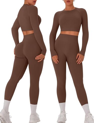 OLCHEE Womens Workout Sets 2 Piece Seamless Long Sleeve Crew Neck Crop Top Shirts Scrunch Butt Leggings Gym Yoga Outfits in Saudi Arabia