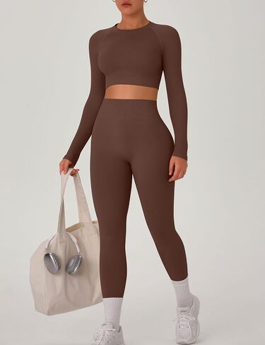 OLCHEE Womens Workout Sets 2 Piece Seamless Long Sleeve Crew Neck Crop Top Shirts Scrunch Butt Leggings Gym Yoga Outfits in Saudi Arabia
