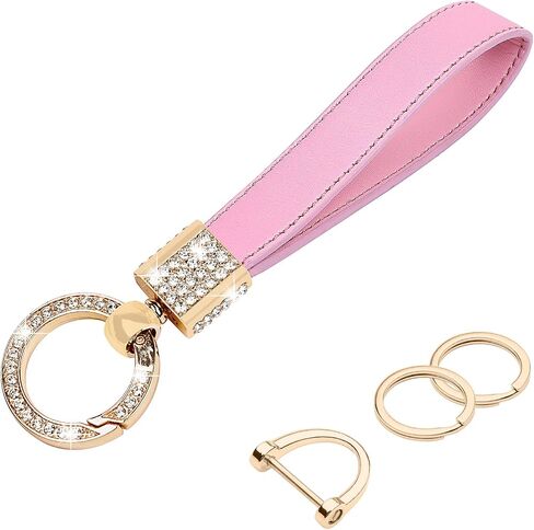 Wisdompro Geunine Leather Car Keychain, Universal Bling Key FOB Keychain Holder Leather Key Chains Women for Car Keys with Anti-lost D Ring, 2 Key Rings, 360 Degree Rotatable - Pink in Saudi Arabia