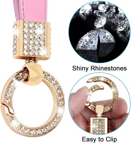 Wisdompro Geunine Leather Car Keychain, Universal Bling Key FOB Keychain Holder Leather Key Chains Women for Car Keys with Anti-lost D Ring, 2 Key Rings, 360 Degree Rotatable - Pink in Saudi Arabia